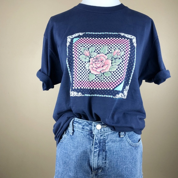Vintage} 90's Puffy Glitter Rose Graphic T-Shirt - Picture 2 of 5